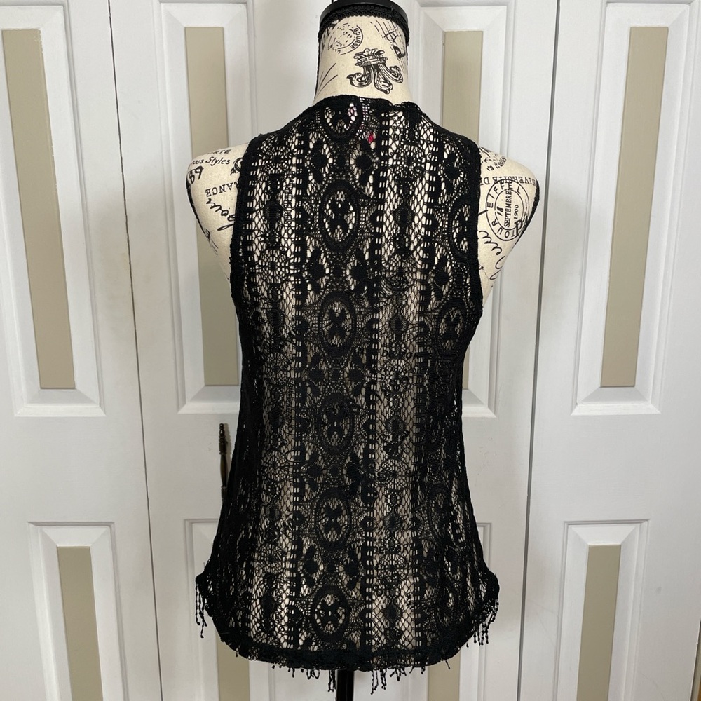 Boho Black Crochet Fringe Vest Open Front Sheer Festival Layering Piece Small - Picture 2 of 7